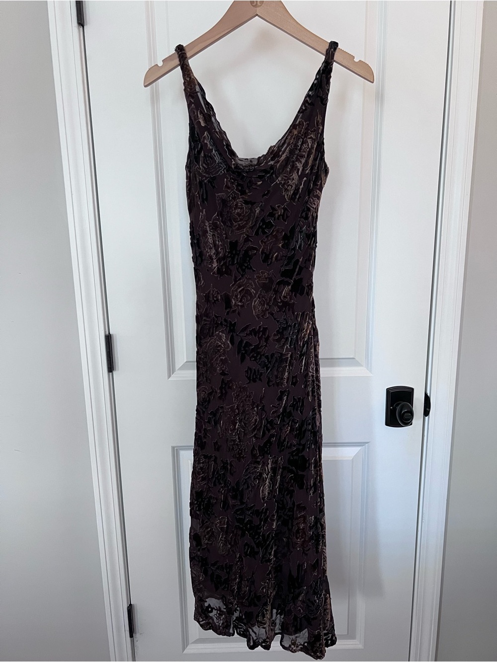 Nine West Chocolate Brown Crushed Velvet Floral Midi Dress Size 4 EUC